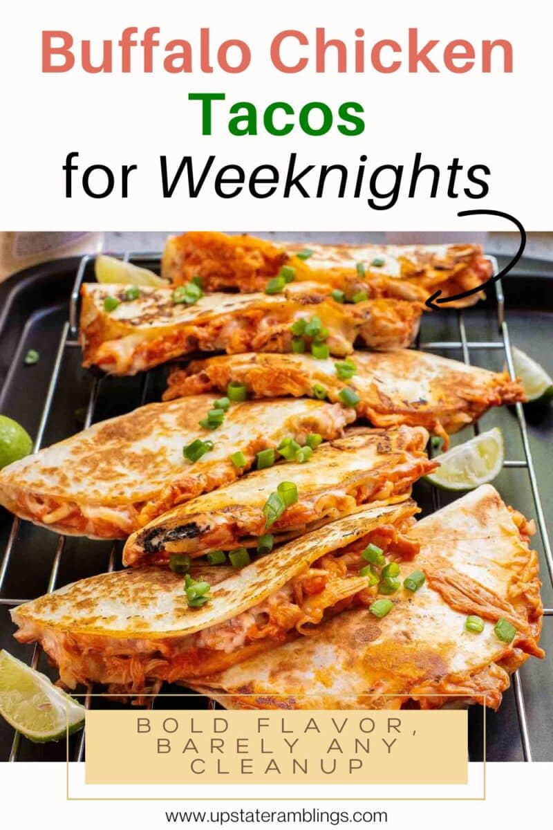 Four buffalo chicken tacos with shredded chicken filling rest on a wire rack, garnished with lime wedges and chopped green onions. Text overlay reads “Buffalo Chicken Tacos for Weeknights.” Perfect for quick buffalo chicken tacos any night.