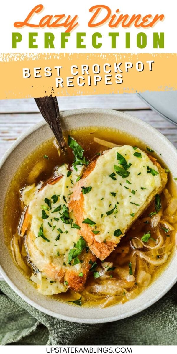 Bowl of slow cooker French onion soup topped with two slices of bread and melted cheese, garnished with chopped parsley.