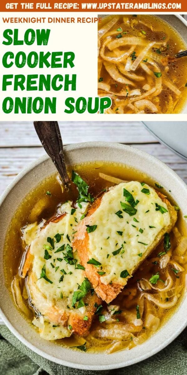 Bowl of slow cooker French onion soup topped with toasted bread, melted cheese, and chopped parsley, with a spoon resting in the soup.