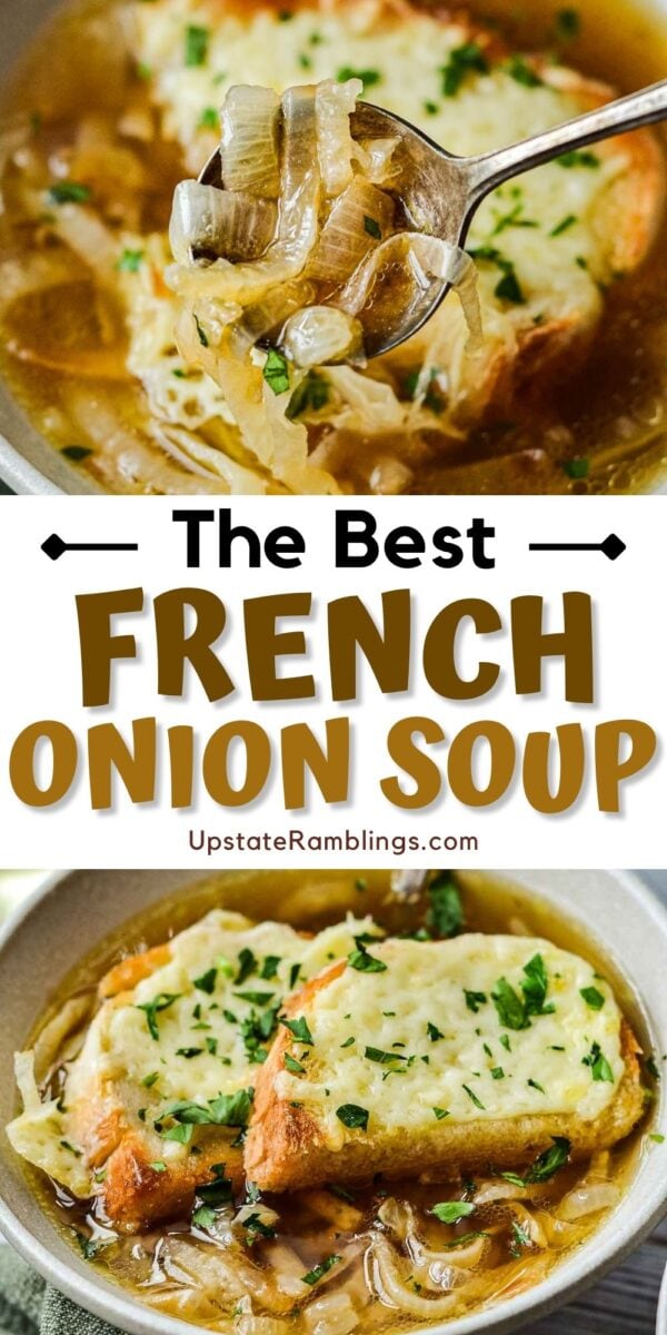Close-up of slow cooker French onion soup topped with toasted bread and melted cheese, garnished with chopped parsley. Text reads: "The Best French Onion Soup.