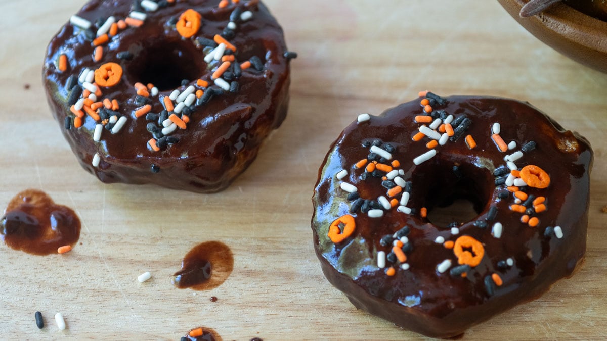 Air Fryer Donuts with chocolate glaze and sprinkles.