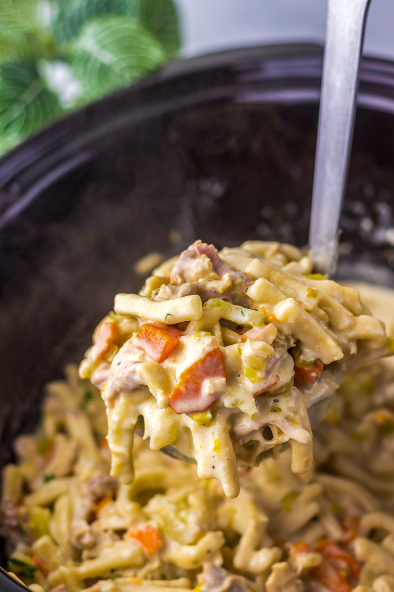 Close-up of a spoon lifting creamy pasta with vegetables and meat from a slow cooker, with steam visible.