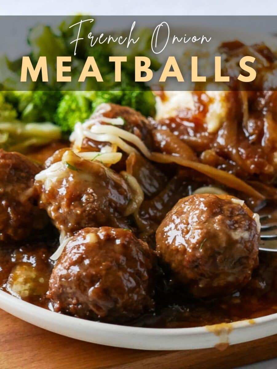 Savor french onion meatballs topped with rich sauce and melty cheese, served alongside tender broccoli and creamy mashed potatoes.