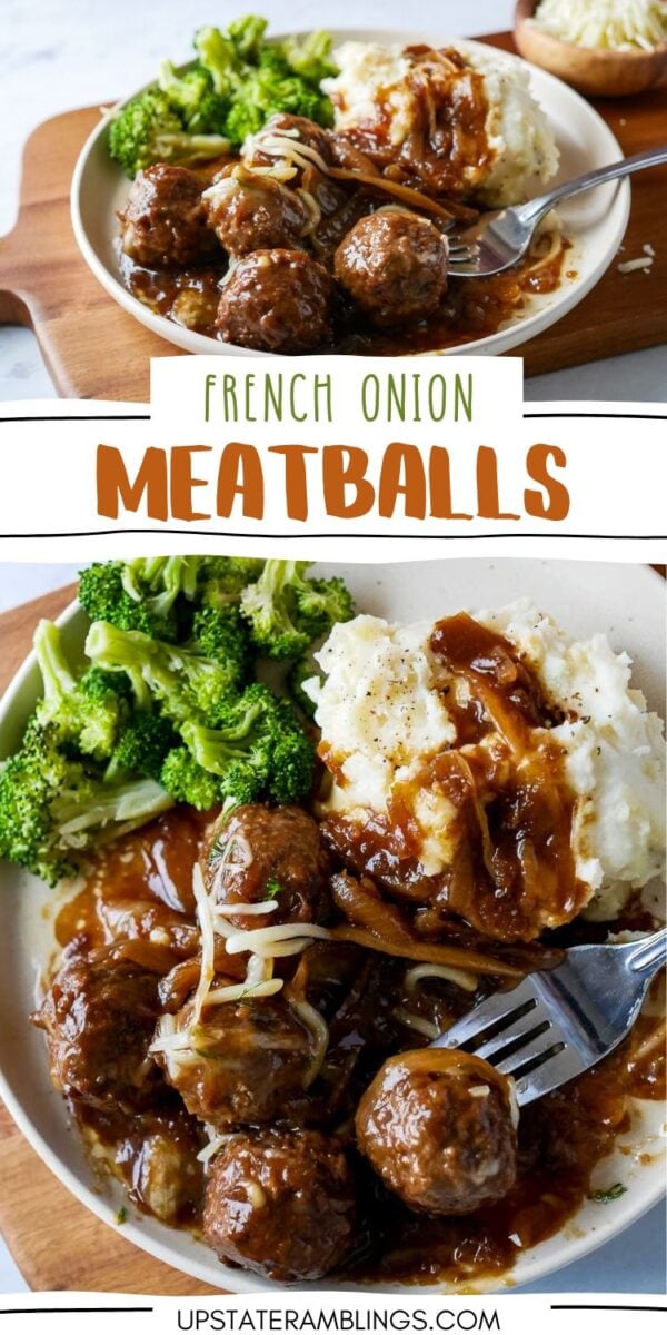 Plate with French onion meatballs, creamy mashed potatoes topped with brown gravy and shredded cheese, served alongside steamed broccoli.