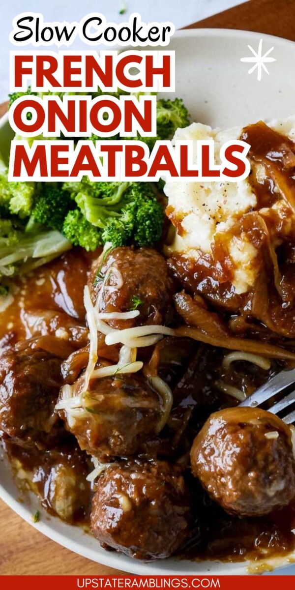A plate of French onion meatballs with brown gravy, mashed potatoes, and broccoli.