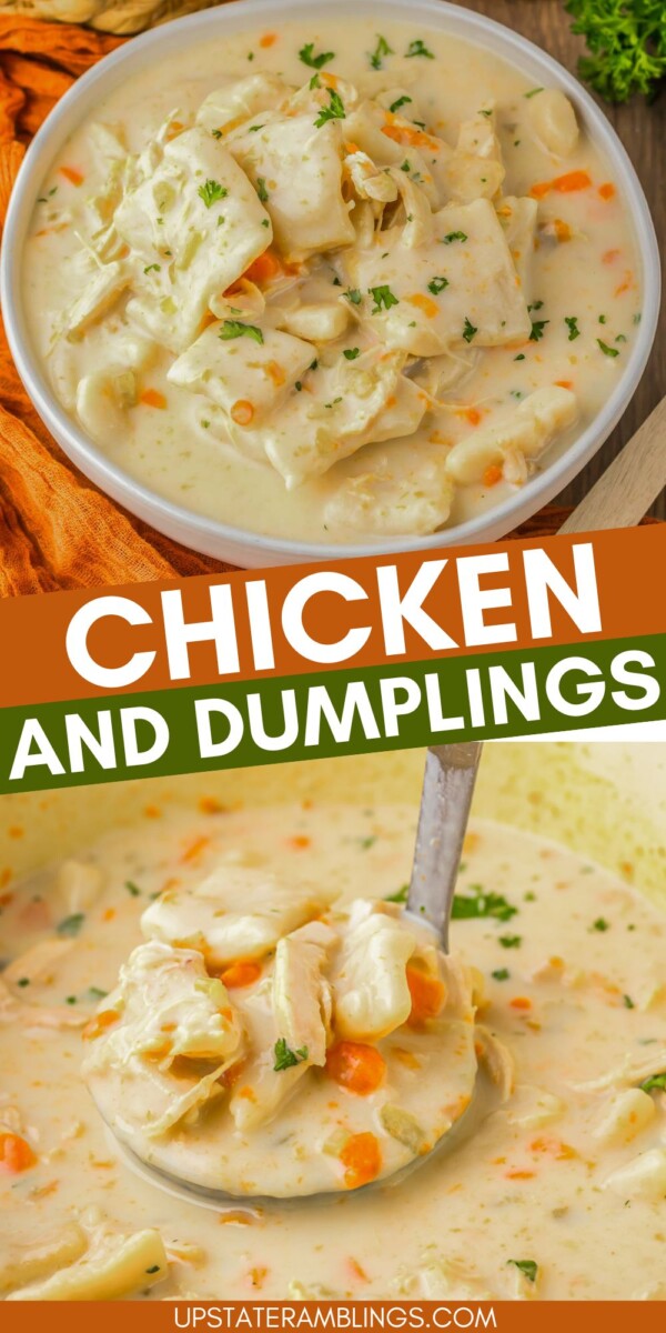 Bowl of creamy chicken and dumplings topped with chopped herbs, with a ladle serving another portion.
