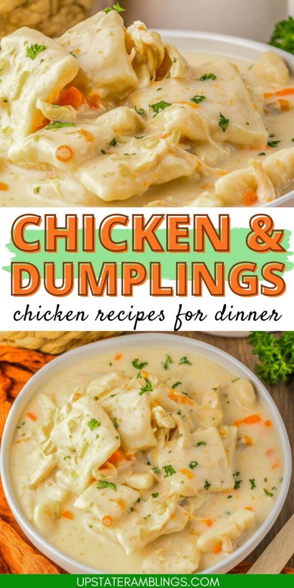 A bowl of creamy chicken and dumplings with carrots and parsley, shown close-up and from above, with text reading "Cracker Barrel Chicken & Dumplings - chicken recipes for dinner.