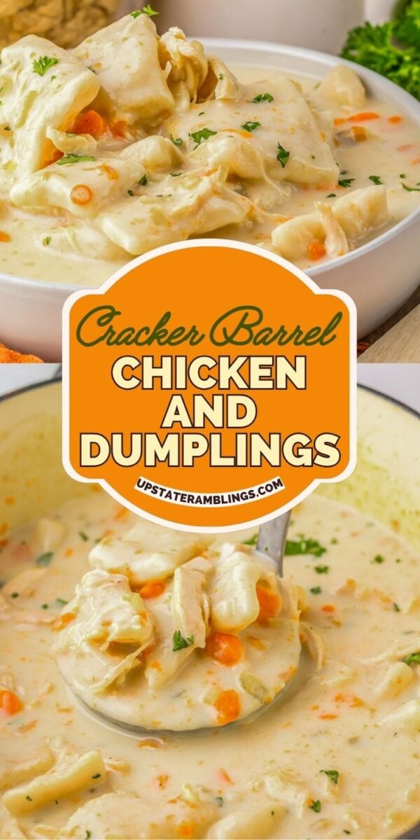 Close-up of a bowl and ladle filled with creamy Cracker Barrel chicken and dumplings, garnished with parsley, alongside a sign reading "Cracker Barrel Chicken and Dumplings.