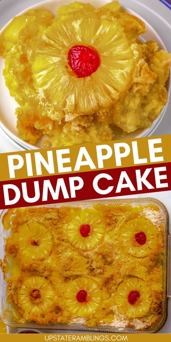 Pineapple dump cake with sliced pineapples and cherries on top, shown in a dish and a serving on a plate.