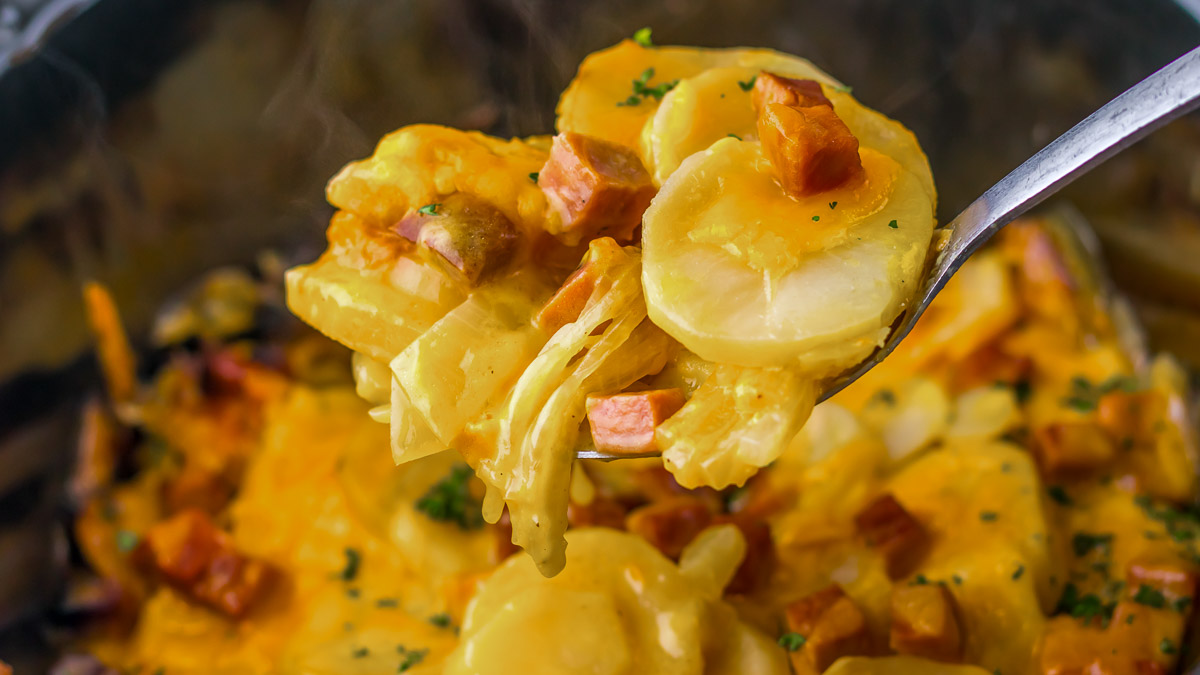 A fork holds cheesy scalloped potatoes with bits of sausage, against a backdrop of more of the same dish.