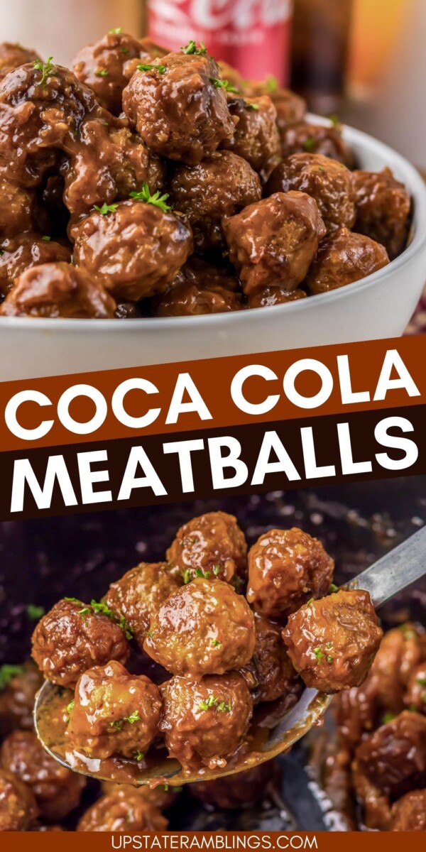 Bowl of glazed meatballs with a ladle serving more meatballs; text reads “Coca Cola Meatballs.”.