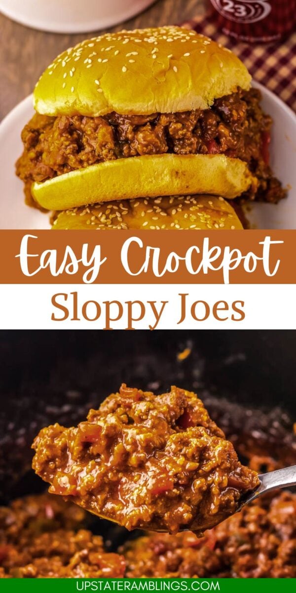 A sloppy joe sandwich on a sesame bun sits on a plate. Below, a spoonful of slow cooker sloppy joes mixture is held over a crockpot. Text reads: "Easy Crockpot Sloppy Joes.