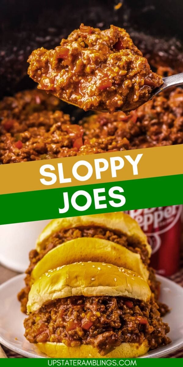 A spoon scoops hearty slow cooker sloppy joes filling from a pot; below, three sloppy joe sandwiches rest on a plate with a cup in the background.