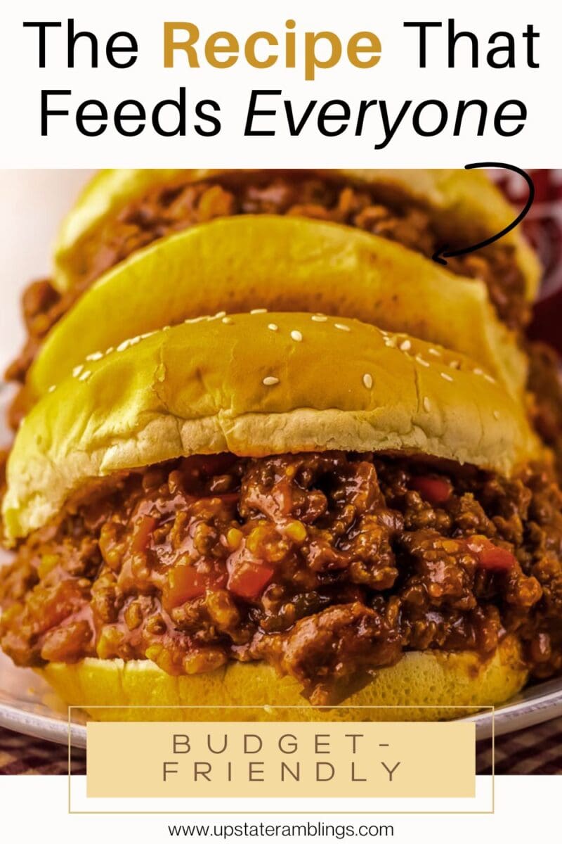 A close-up of a slow cooker sloppy joes sandwich on a sesame seed bun with hearty ground beef and tomato filling, labeled as budget-friendly and featuring the text, "The Recipe That Feeds Everyone.