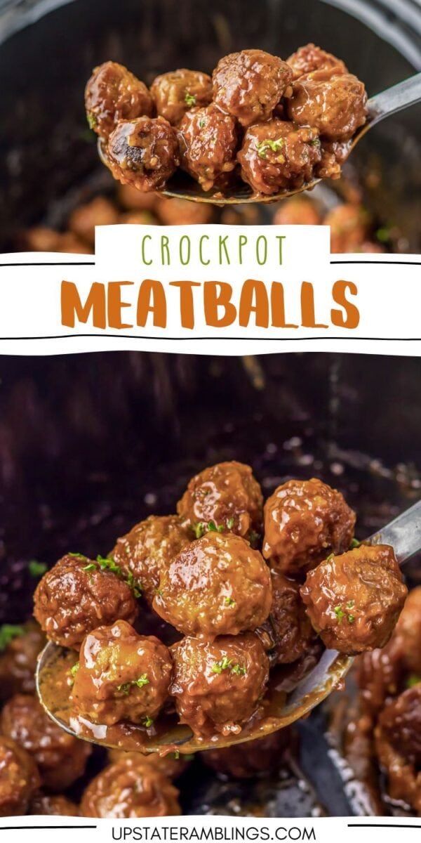A spoonful of glazed coca cola meatballs being served from a crockpot, with the label "Crockpot Meatballs" and the website upstateramblings.com at the bottom.