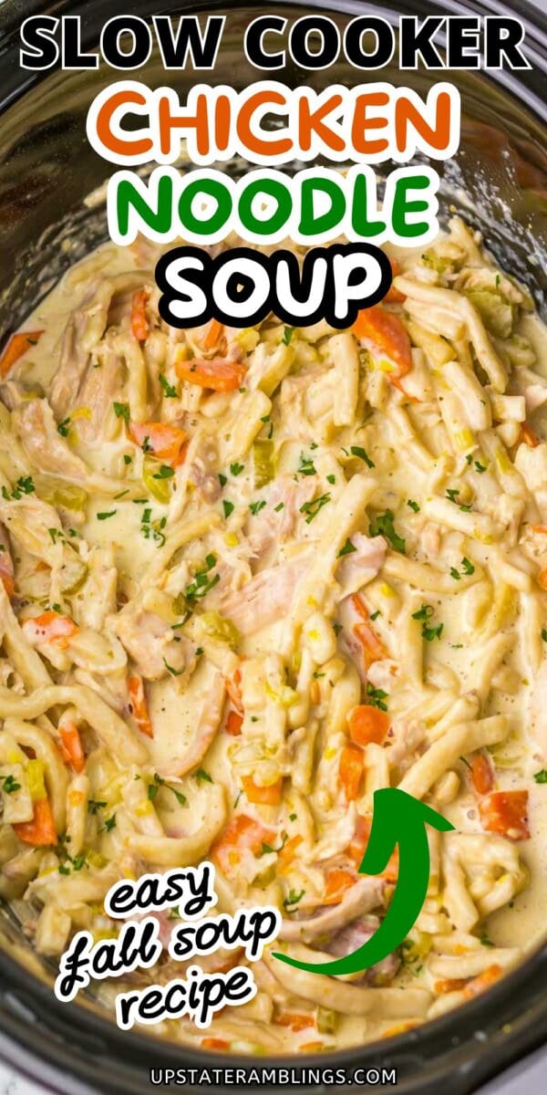 Close-up of creamy chicken noodle soup with carrots and herbs in a slow cooker, labeled as an easy creamy chicken noodle soup recipe perfect for fall.
