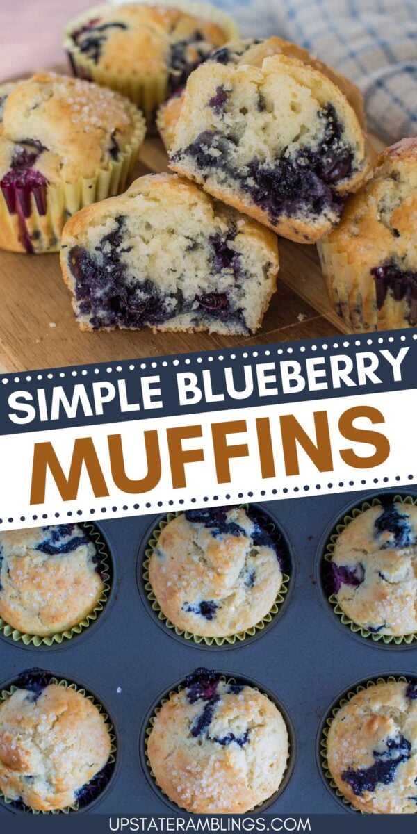 Freshly baked bisquick blueberry muffins, some cut open to show the inside, with a tray of more muffins below and a text overlay reading "Simple Blueberry Muffins.