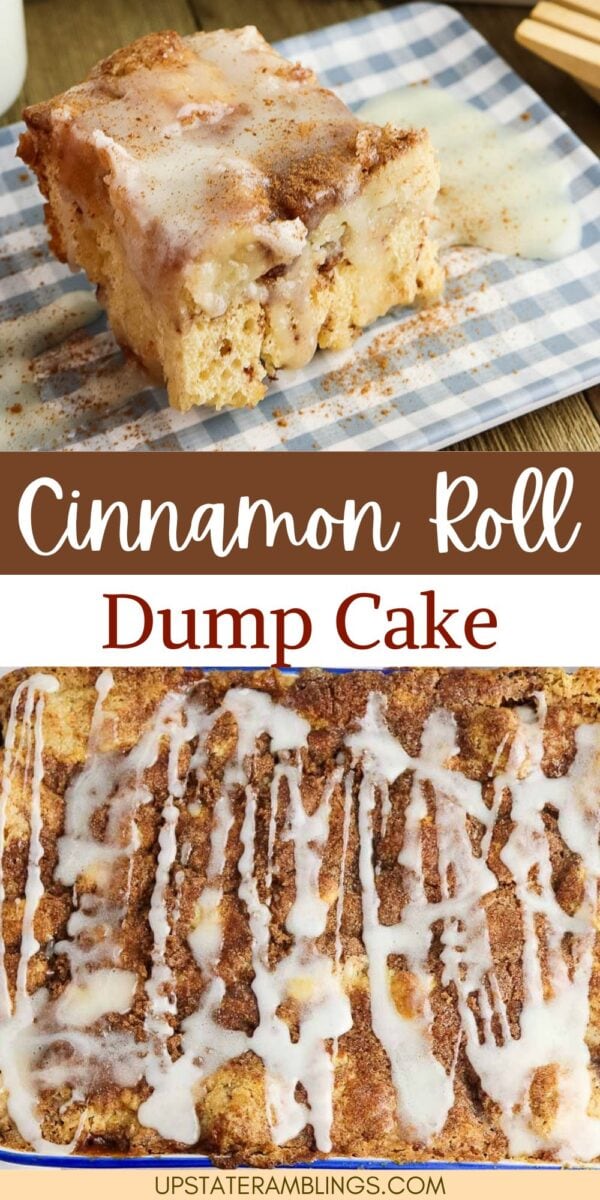 A slice of cinnamon roll dump cake with icing sits on a checkered plate, next to a top view of the entire cinnamon roll dump cake drizzled with sweet icing.