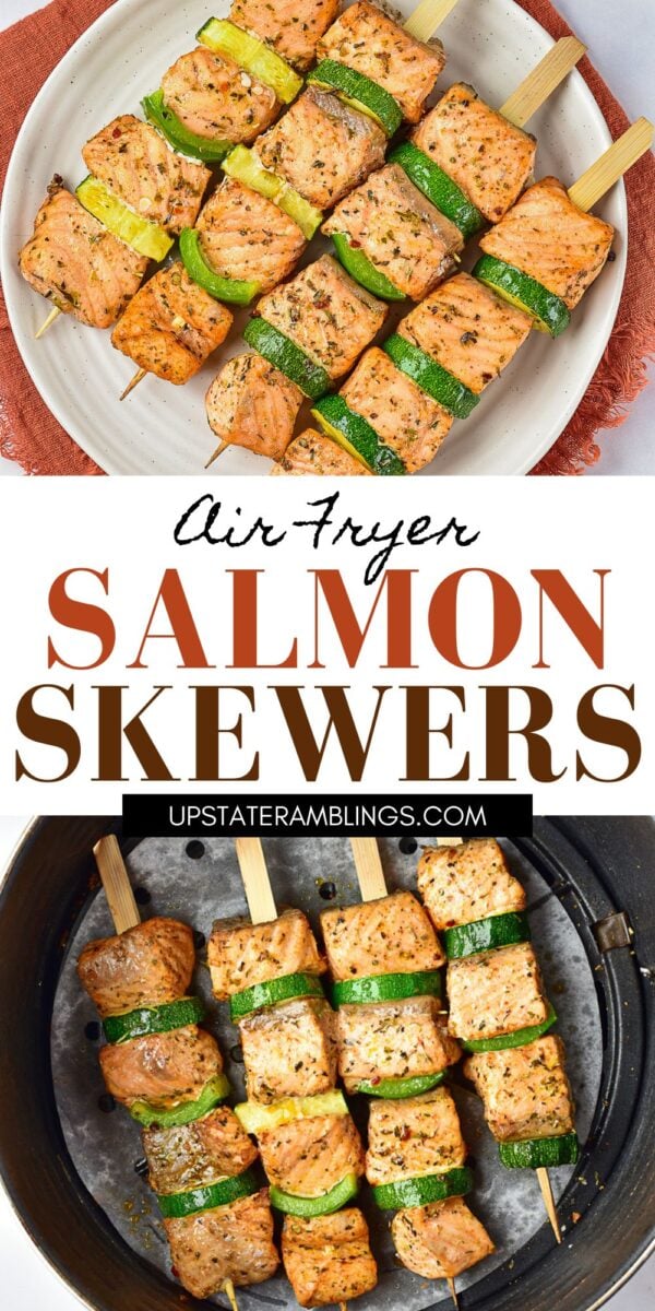 Salmon and zucchini pieces are threaded onto skewers, seasoned, and cooked in an air fryer, shown both plated and inside the air fryer basket.