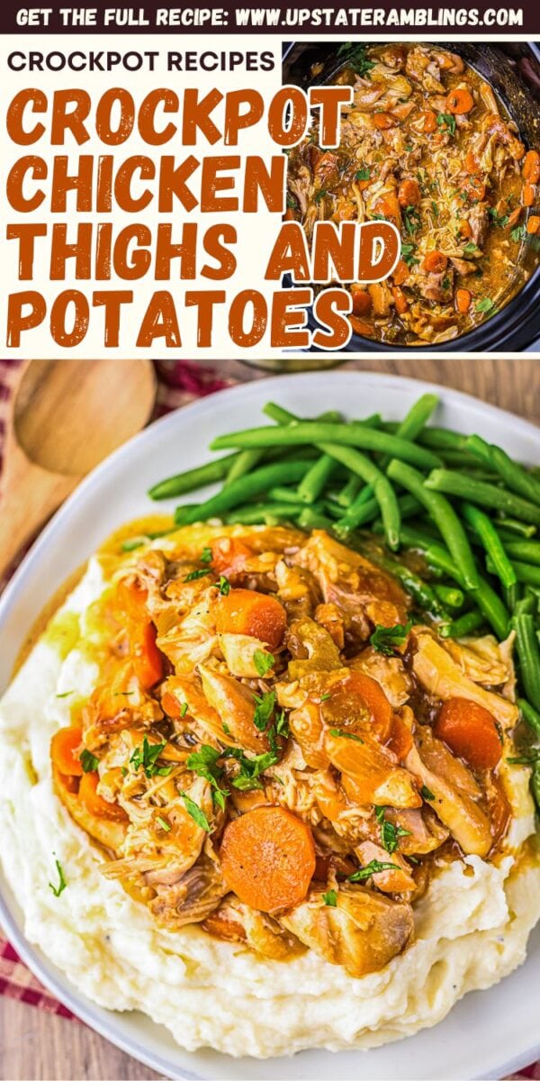 Slow cooker chicken pot roast thighs with carrots and potatoes, served over mashed potatoes, with a side of green beans on a white plate.