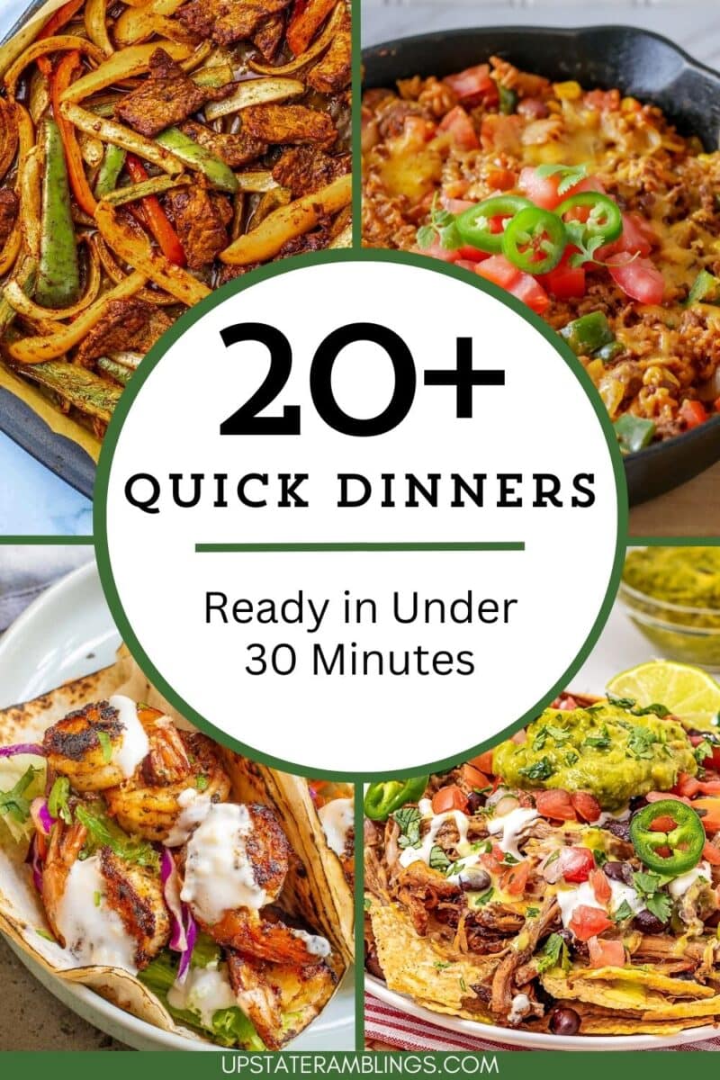 A collage of four quick dinner dishes with a central text overlay reading “20+ Quick Dinners Ready in Under 30 Minutes.”.