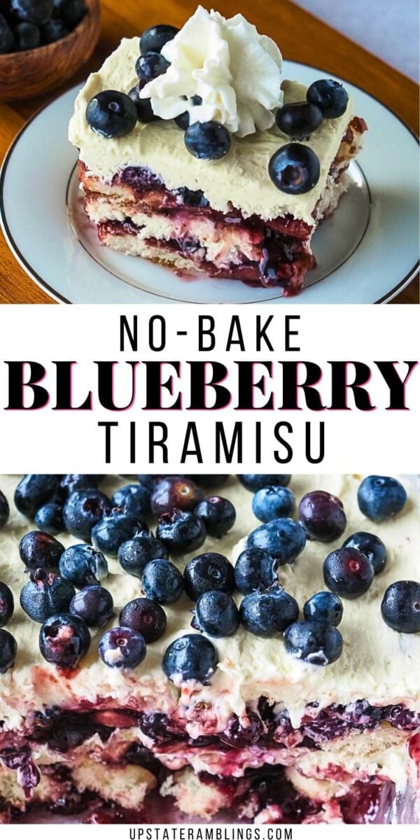 A slice of no-bake blueberry tiramisu topped with whipped cream and blueberries, shown on a plate and in a close-up of the whole dessert.