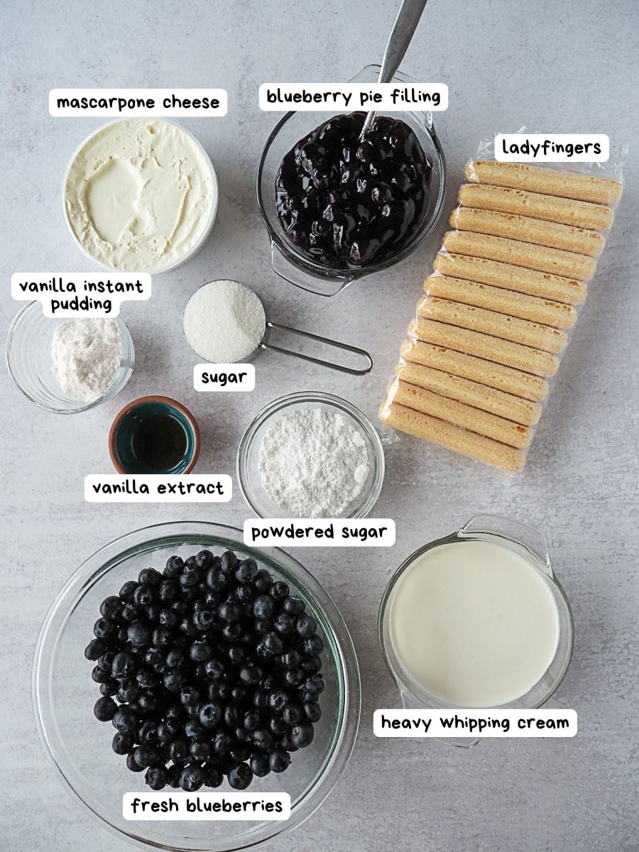 Various ingredients for a dessert are arranged on a surface, including mascarpone cheese, ladyfingers, blueberries, blueberry pie filling, pudding mix, sugar, powdered sugar, extract, and cream.