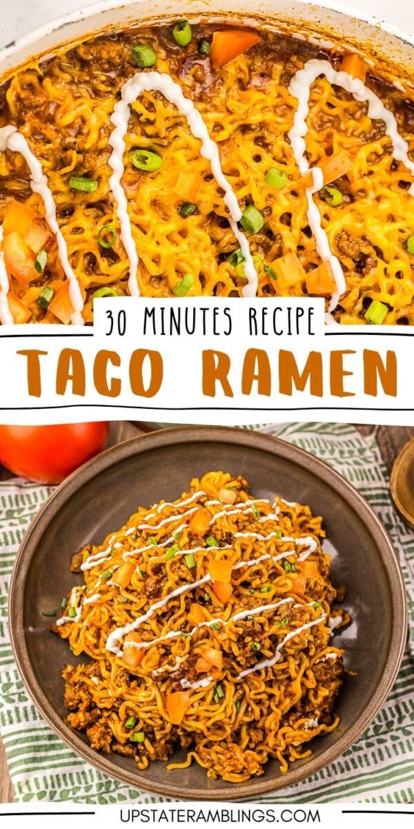 A bowl of taco ramen topped with ground meat, melted cheese, diced tomatoes, green onions, and a drizzle of sour cream. Text reads "30 Minutes Recipe Taco Ramen.