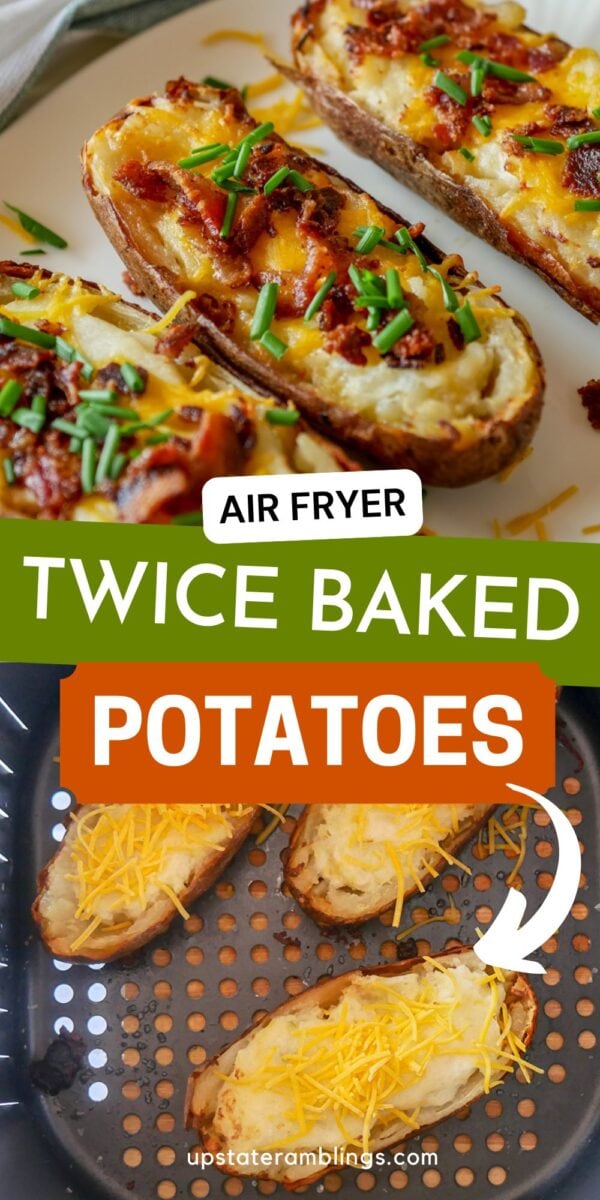 Twice baked potatoes topped with cheese, bacon, and chives on a plate, with others in an air fryer basket below.