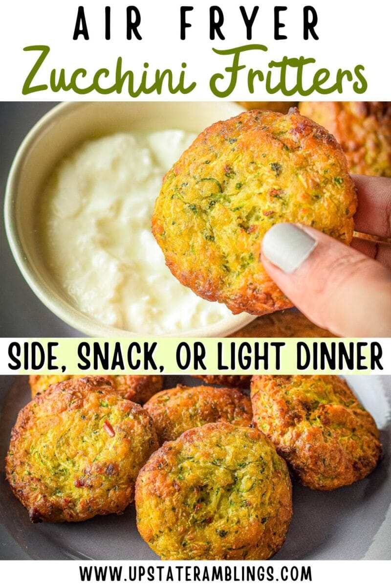 A hand holds a zucchini fritter above a bowl of dip; below, several zucchini fritters are arranged on a plate. Text reads "Air Fryer Zucchini Fritters.