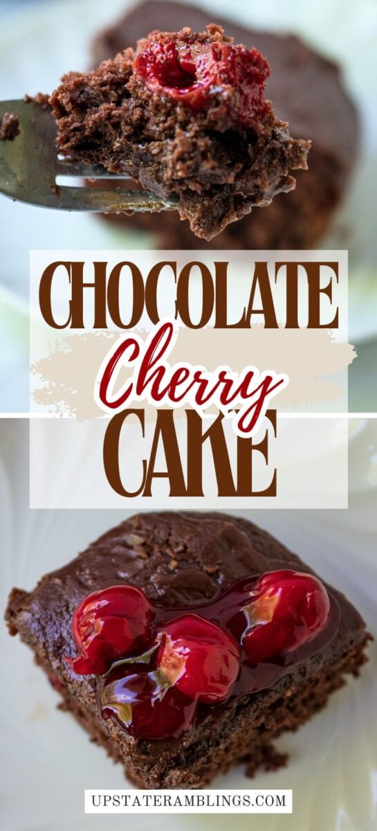 Close-up of a slice of chocolate cake topped with cherries, shown on a plate and on a fork, with text in the center reading “Chocolate Cherry Cake.”.