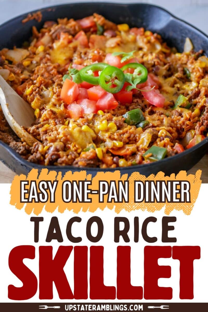 A skillet filled with taco rice, ground meat, corn, melted cheese, diced tomatoes, and sliced jalapeños, with a wooden spoon on the side. Text overlay reads “Easy One-Pan Dinner Taco Rice Skillet.”.