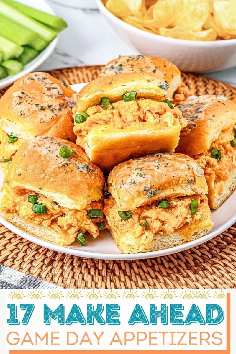 A plate of chicken sliders topped with green onions is displayed on a woven mat, with celery sticks and a bowl of chips in the background. Text at the bottom reads “17 Make Ahead Game Day Appetizers.”.