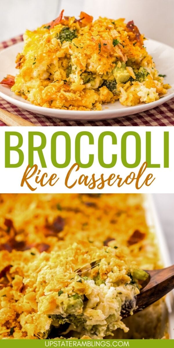 Close-up of broccoli rice casserole topped with a golden, crunchy layer on a plate, with a spoonful being served from a baking dish below.