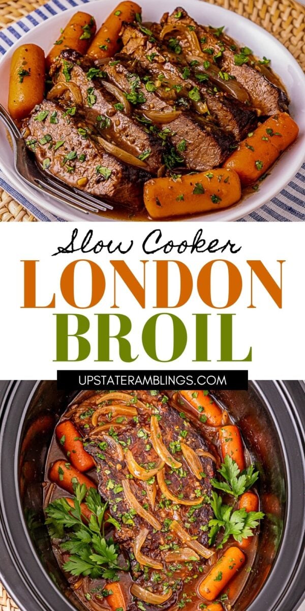 A plate and a slow cooker filled with sliced London broil beef, carrots, onions, and parsley in a brown sauce. Text reads “Slow Cooker London Broil” and “upstateramblings.com.”.
