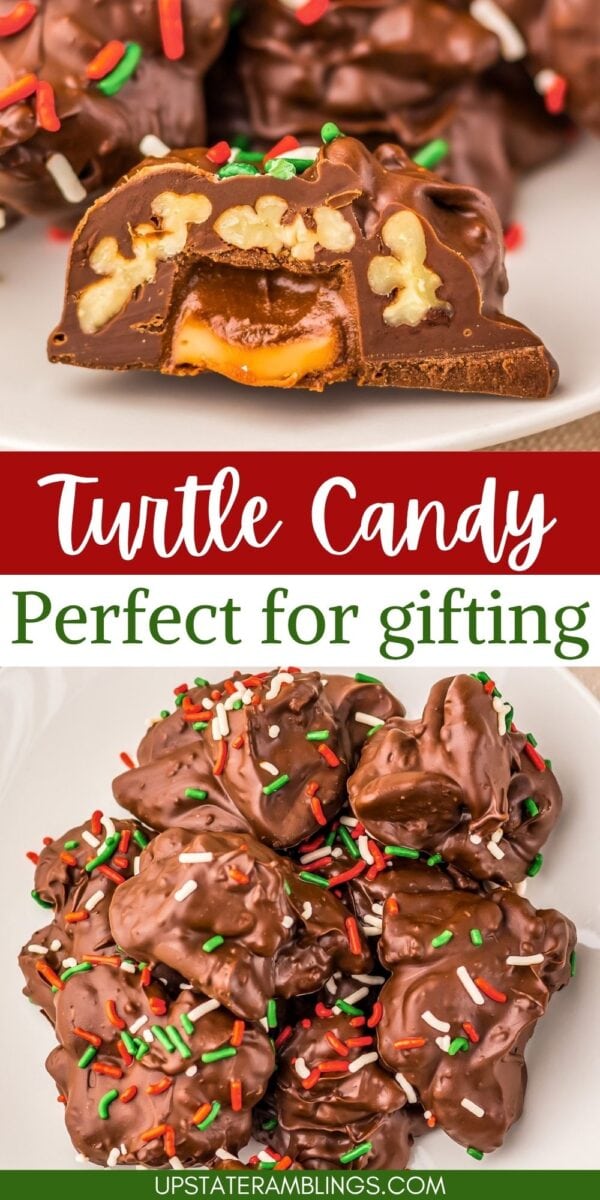 Chocolate turtle candies with pecans and caramel inside, decorated with red, green, and white sprinkles, are shown close up and stacked on a plate.